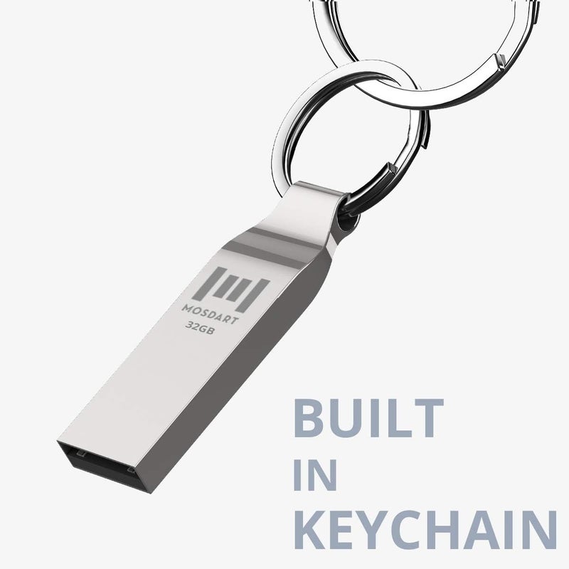 موس دارت محرك أقراص فلاش MOSDART مقاوم للماء بسعة 32GB USB2.0، بتنسيق FAT32، عصا ذاكرة معدنية مع سلسلة مفاتيح، للنسخ الاحتياطي للنظام وتخزين البيانات، فضي - Image 2