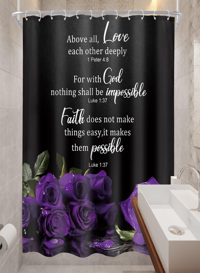 Cinbloo Purple Shower Curtain 60Wx72H Rose Floral Christian Bathroom Decor for Women Vintage Flower Bible Verse Scripture Elegant Inspirational Positive Quotes Bathroom Curtain Set with 12 Hook - Image 4