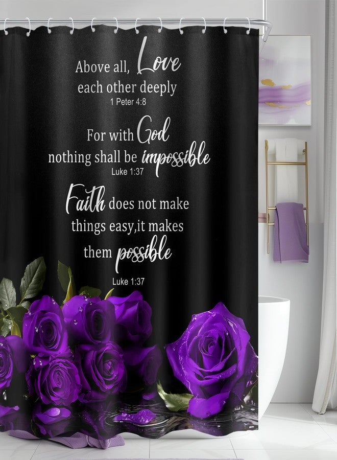 Cinbloo Purple Shower Curtain 60Wx72H Rose Floral Christian Bathroom Decor for Women Vintage Flower Bible Verse Scripture Elegant Inspirational Positive Quotes Bathroom Curtain Set with 12 Hook - Image 1