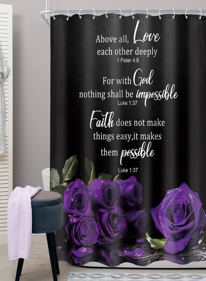 Cinbloo Purple Shower Curtain 60Wx72H Rose Floral Christian Bathroom Decor for Women Vintage Flower Bible Verse Scripture Elegant Inspirational Positive Quotes Bathroom Curtain Set with 12 Hook - Image 2