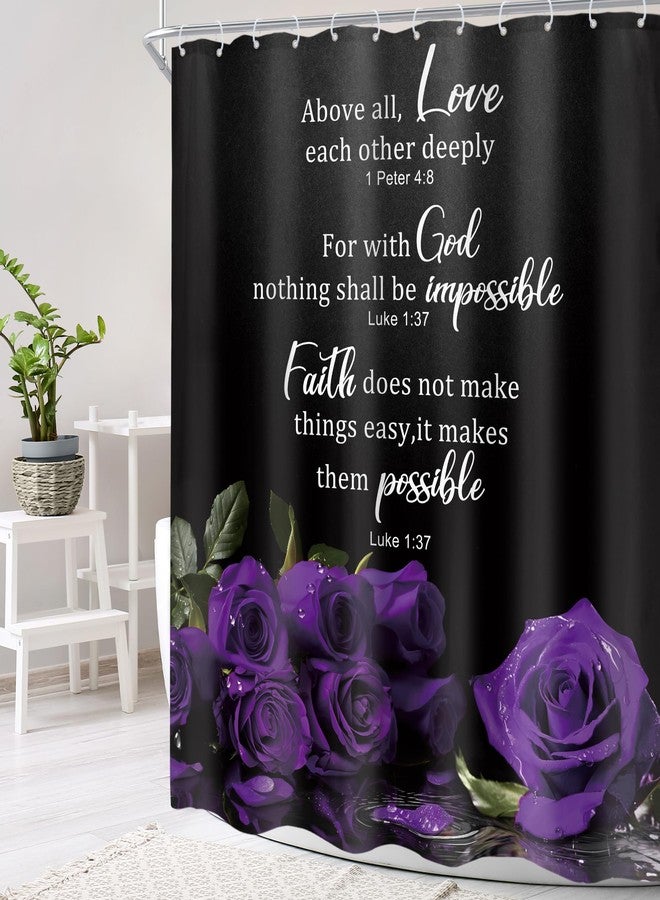Cinbloo Purple Shower Curtain 60Wx72H Rose Floral Christian Bathroom Decor for Women Vintage Flower Bible Verse Scripture Elegant Inspirational Positive Quotes Bathroom Curtain Set with 12 Hook - Image 3