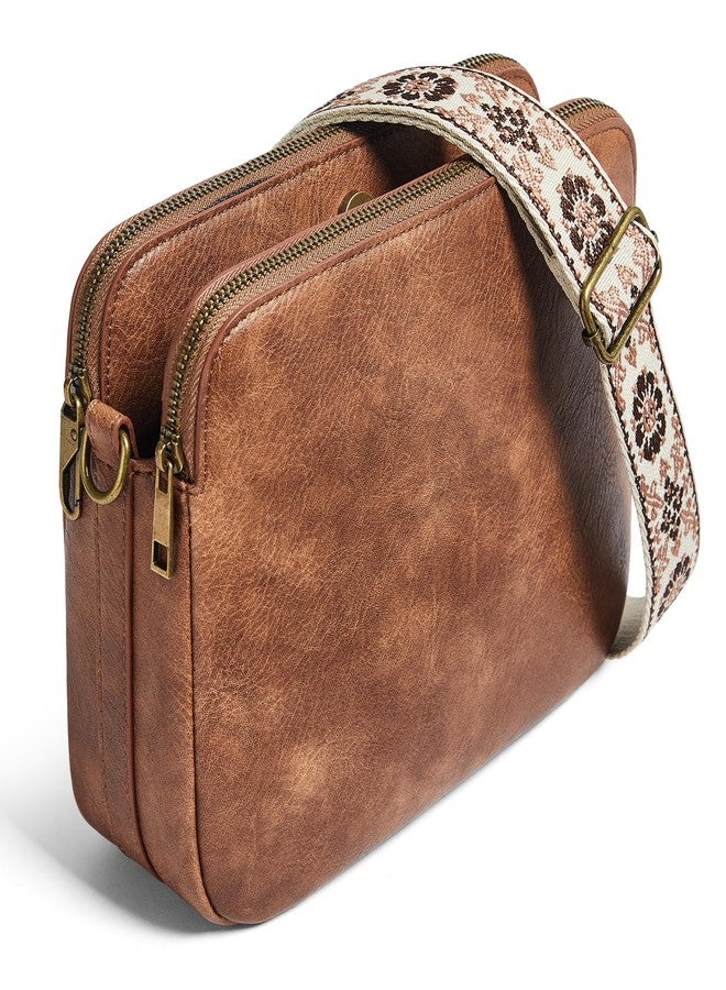 Yarnic Women Crossbody Bag Trendy Faux Leather Cross Body Purse Guiter Strap Shoulder Handbag Sling Anti-theft Zipper, Brown, 7.5" H × 9.5" L × 2.8" W, Antique - Image 1