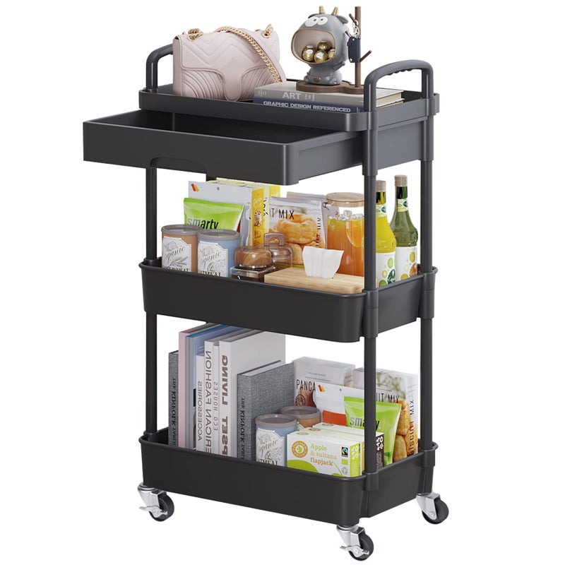 Calmootey 3Tier Rolling Utility Cart with DrawerMultifunctional Storage Organizer with Plastic Shelf  Metal WheelsStorage Cart for KitchenBathroomLiving RoomOfficeBlack