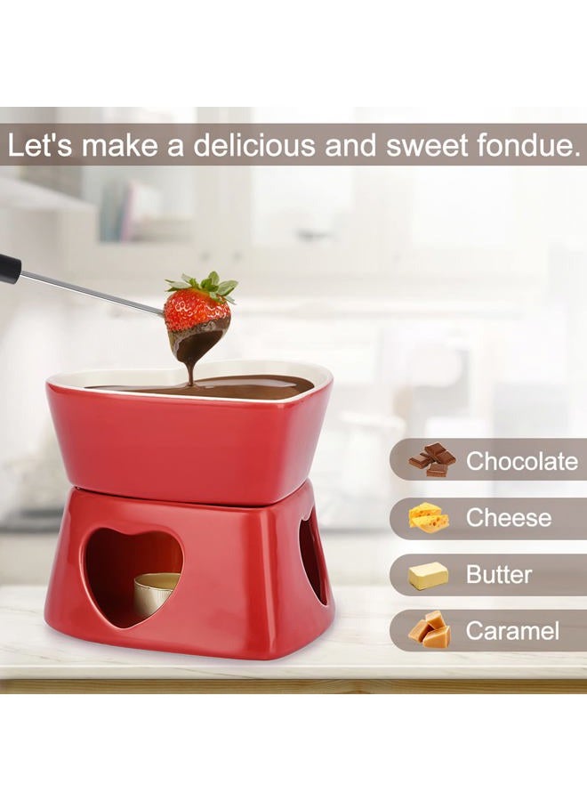 BSTKEY Red Ceramic Butter Warmer Set, Heart Shaped Fondue Pot Melting Pot Set, Melt Hot Pot Bowl Set for Cheese Chocolate Butter Caramel, with 4 Forks - Image 3