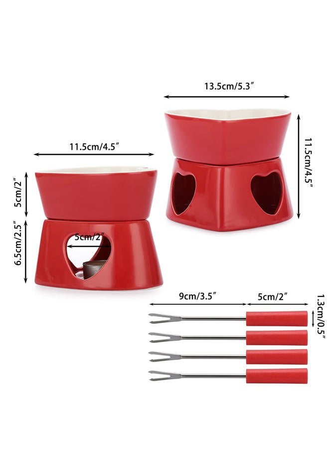 BSTKEY Red Ceramic Butter Warmer Set, Heart Shaped Fondue Pot Melting Pot Set, Melt Hot Pot Bowl Set for Cheese Chocolate Butter Caramel, with 4 Forks - Image 2