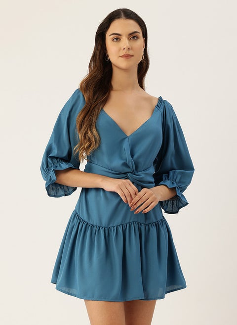 Blue Puff Sleeve Mini Dress for Women