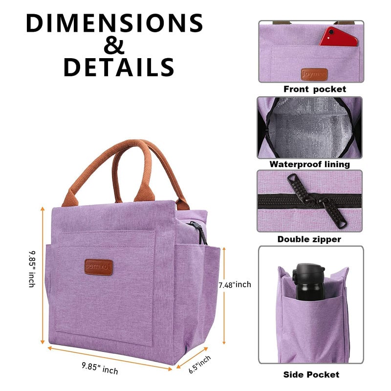 Joymee Lunch Bag Women Insulated Lunch Box Reusable Leakproof Large Spacious Cooler Tote for Women Men Adult with Bottle Holder and Side Pockets for Work Office Travel Picnic - Purple - Image 2