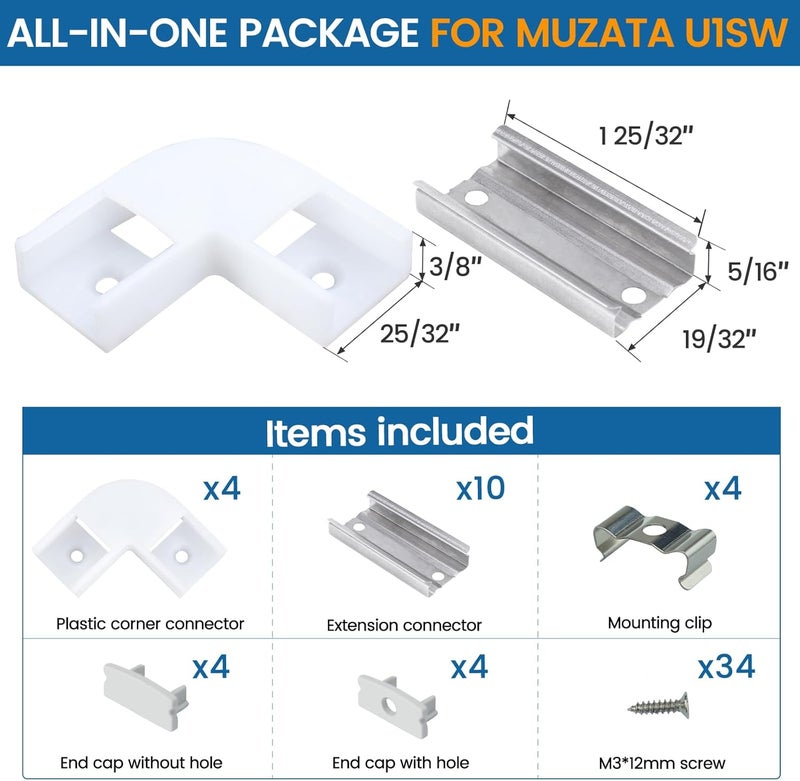 Muzata White Corner Connector Kit for LED Channel L Shape Connectors fit Muzata U1SW Series LED Aluminum Channel Easy Install Accessories LC23 WW - Image 4