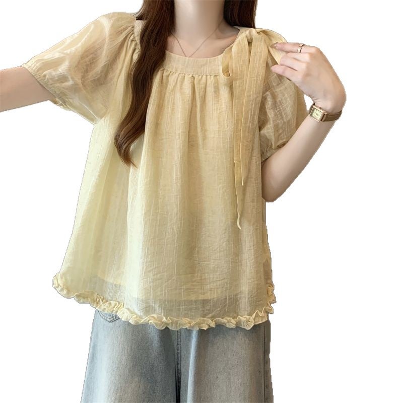 Women's Plus Size Bow Chiffon Short Sleeve Shirt Summer Casual Blouse - Image 5
