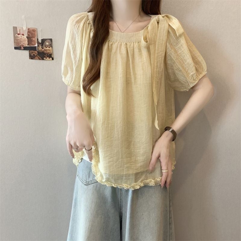 Women's Plus Size Bow Chiffon Short Sleeve Shirt Summer Casual Blouse - Image 2