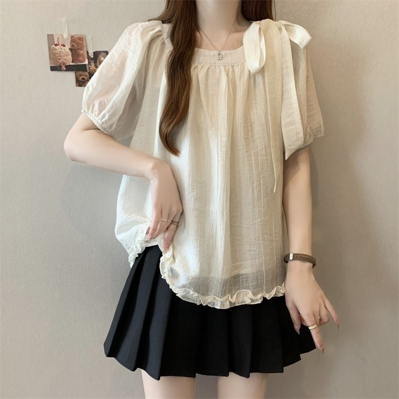 Women's Plus Size Bow Chiffon Short Sleeve Shirt Summer Casual Blouse - Image 1