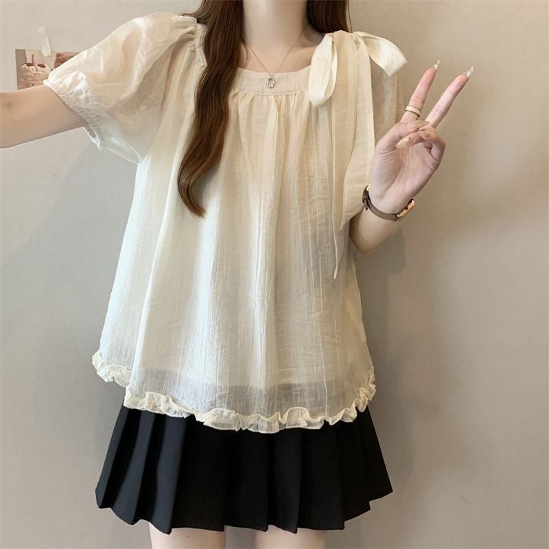 Women's Plus Size Bow Chiffon Short Sleeve Shirt Summer Casual Blouse - Image 4
