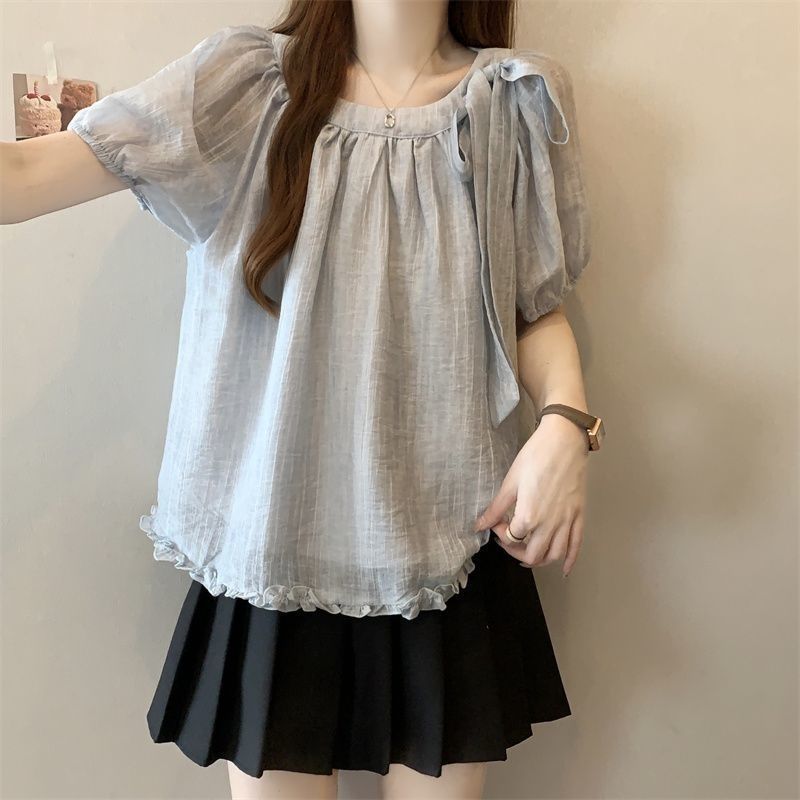 Women's Plus Size Bow Chiffon Short Sleeve Shirt Summer Casual Blouse - Image 3