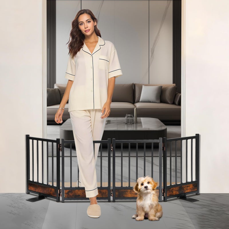 Ademon Freestanding Short Dog Gate, 16" Tall Pet Gate Indoor with Support Feet Easily Step Over, 4 Panel Metal Wood Foldable Pet Dog Gate, Up to 48" Wide Puppy Fence, Puppy Gate for for Doorway&Hallway Black - Image 1