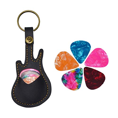 PUNK Leather Guitar Picks Case Guitar Pick Holders with Keyring Guitar Plectrums Bag for Guitar Pick Bag with 5Pcs Plectrums Gift(Black) - Image 1