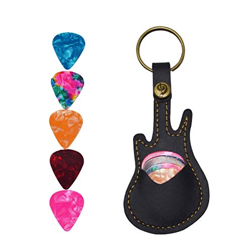 PUNK Leather Guitar Picks Case Guitar Pick Holders with Keyring Guitar Plectrums Bag for Guitar Pick Bag with 5Pcs Plectrums Gift(Black) - Image 2