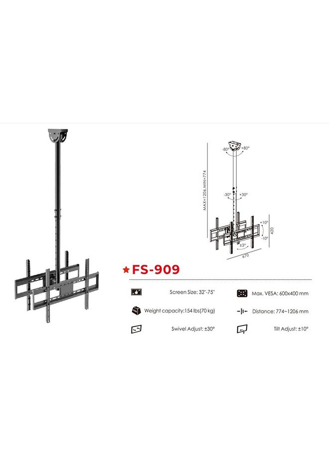 fujistar - FS-909 Heavy Duty Ceiling TV Mount for 32"-75" Screens, Enhanced Stability with Tilt and Swivel Adjustability for Optimal Viewing Experience - Image 1