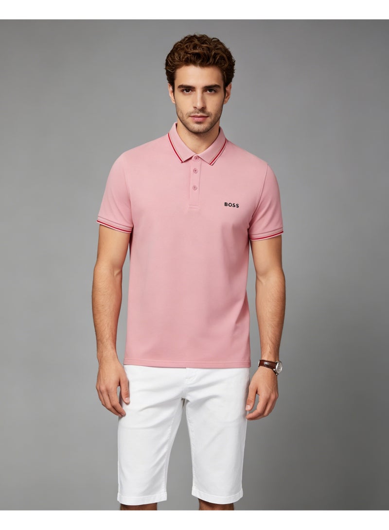 BOSS Men’s Soft Cotton Polo Shirt with Navy Trim - Light Pink - Image 1