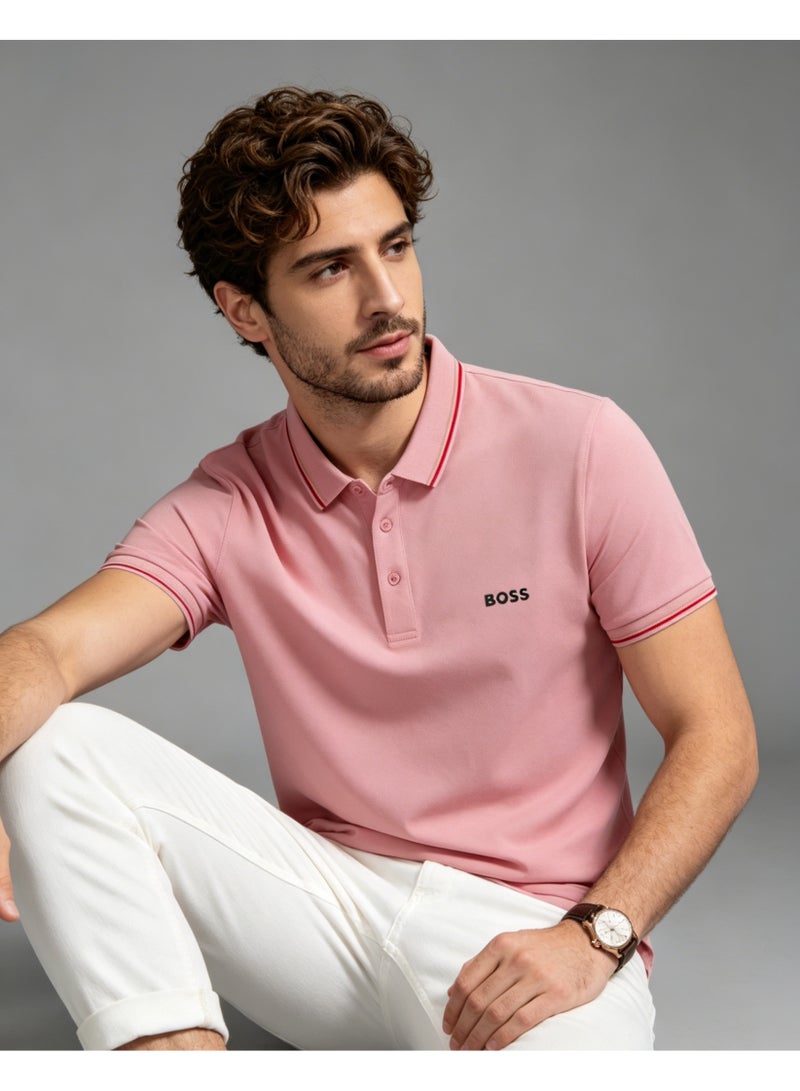 BOSS Men’s Soft Cotton Polo Shirt with Navy Trim - Light Pink - Image 2