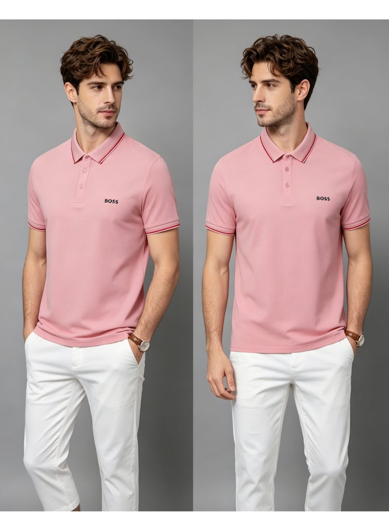 BOSS Men’s Soft Cotton Polo Shirt with Navy Trim - Light Pink - Image 3