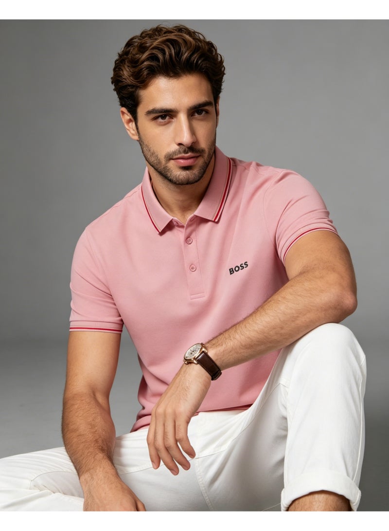 BOSS Men’s Soft Cotton Polo Shirt with Navy Trim - Light Pink - Image 4