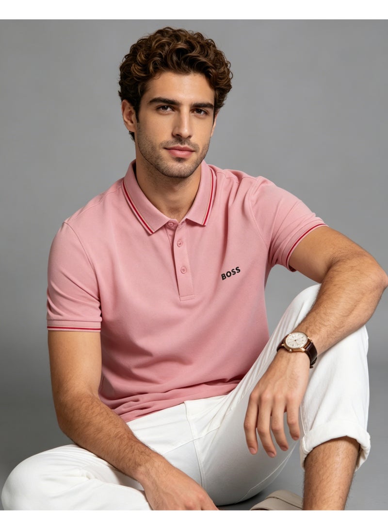 BOSS Men’s Soft Cotton Polo Shirt with Navy Trim - Light Pink - Image 5