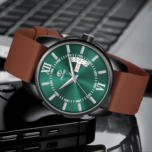 ADAMO 883NEI17 Analogue Day & Date Watch for Men & Boys with 3D Dome Glass, Sea Green Dial & Brown Silicon Strap - Image 2