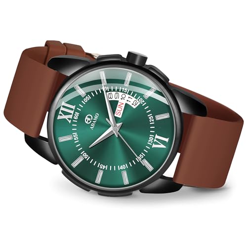 ADAMO 883NEI17 Analogue Day & Date Watch for Men & Boys with 3D Dome Glass, Sea Green Dial & Brown Silicon Strap - Image 1