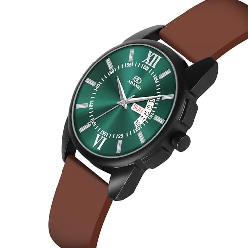 ADAMO 883NEI17 Analogue Day & Date Watch for Men & Boys with 3D Dome Glass, Sea Green Dial & Brown Silicon Strap - Image 5