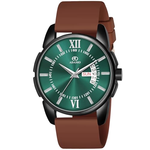 ADAMO 883NEI17 Analogue Day & Date Watch for Men & Boys with 3D Dome Glass, Sea Green Dial & Brown Silicon Strap - Image 4