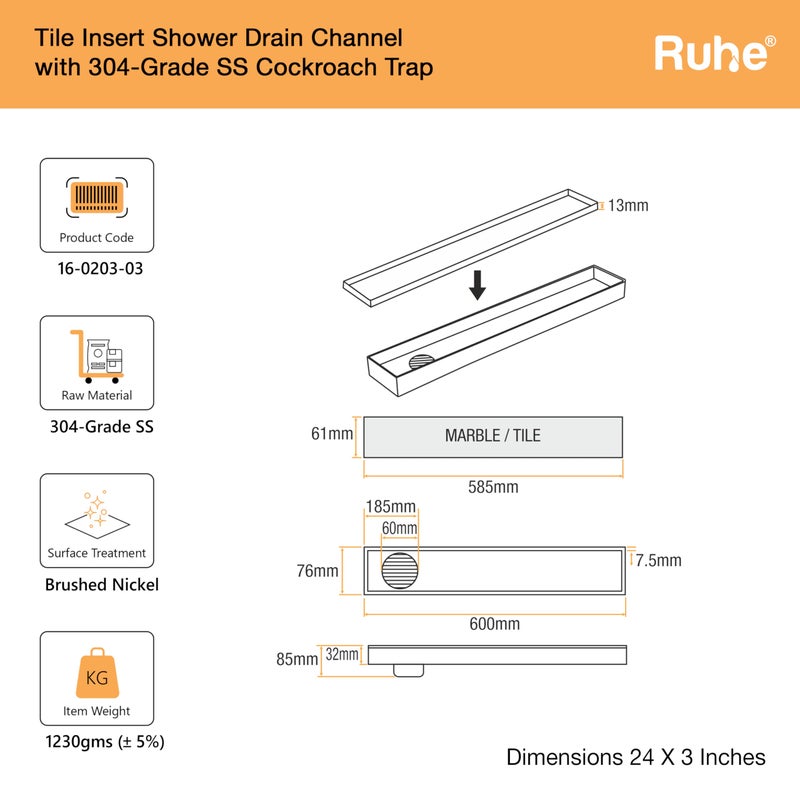 RUHE قناة تصريف الدش المدمجة Ruhe® | 24 × 3 بوصة تصريف مياه الصرف الصحي للأرضيات لقرميد 13 مم | قناة تصريف دش غير مرئية من الفولاذ المقاوم للصدأ 304 | قناة تصريف مع فخ للصراصير وثقب جانبي - Image 2