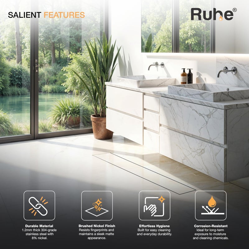 RUHE قناة تصريف الدش المدمجة Ruhe® | 24 × 3 بوصة تصريف مياه الصرف الصحي للأرضيات لقرميد 13 مم | قناة تصريف دش غير مرئية من الفولاذ المقاوم للصدأ 304 | قناة تصريف مع فخ للصراصير وثقب جانبي - Image 3