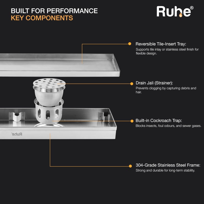 RUHE قناة تصريف الدش المدمجة Ruhe® | 24 × 3 بوصة تصريف مياه الصرف الصحي للأرضيات لقرميد 13 مم | قناة تصريف دش غير مرئية من الفولاذ المقاوم للصدأ 304 | قناة تصريف مع فخ للصراصير وثقب جانبي - Image 4