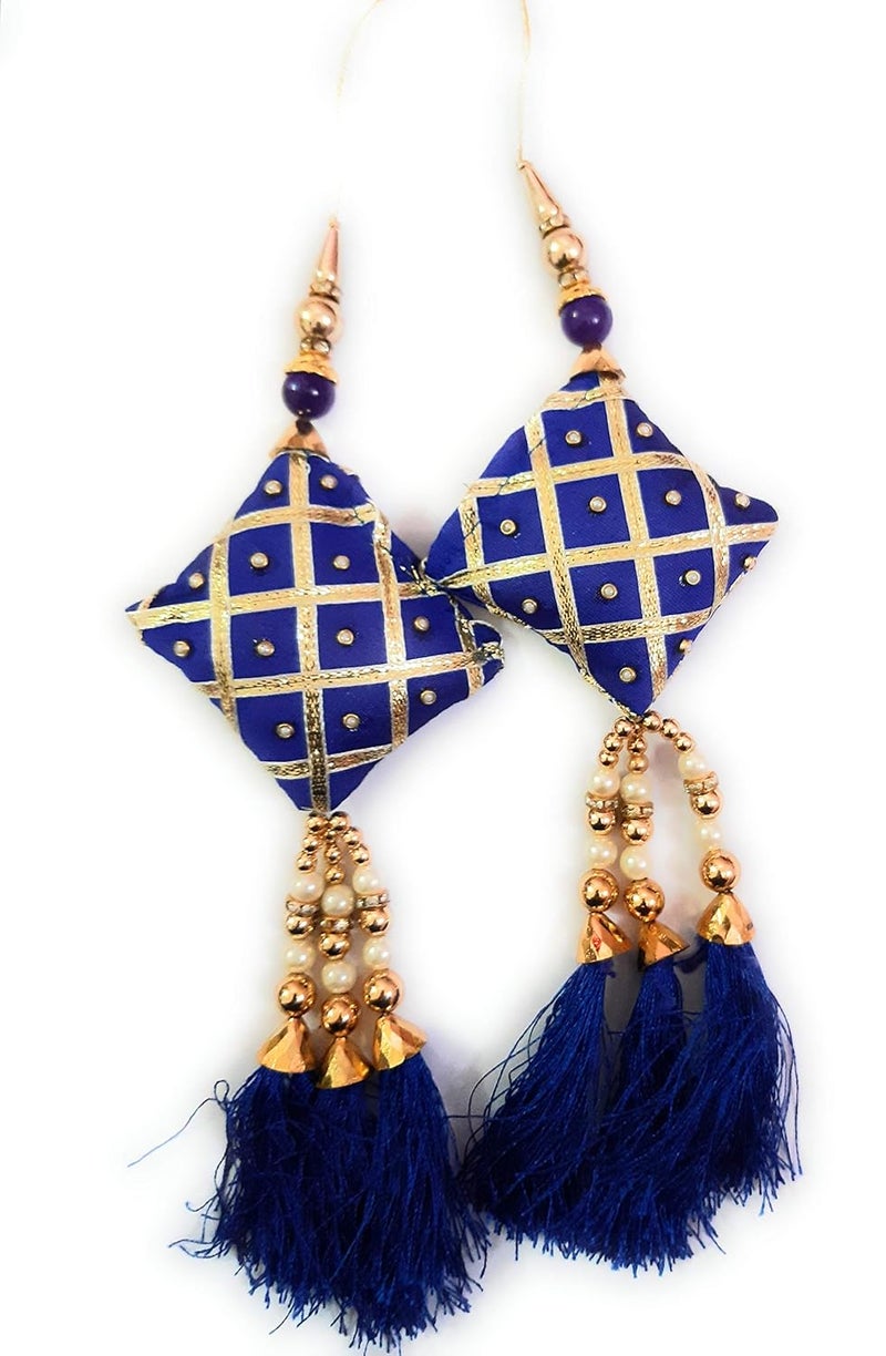 Libas Fashion Womens Ethnic Lehenga Golden and Fabric Pearl Latkan Hanging Tassel Blue Set of 2 - Image 1