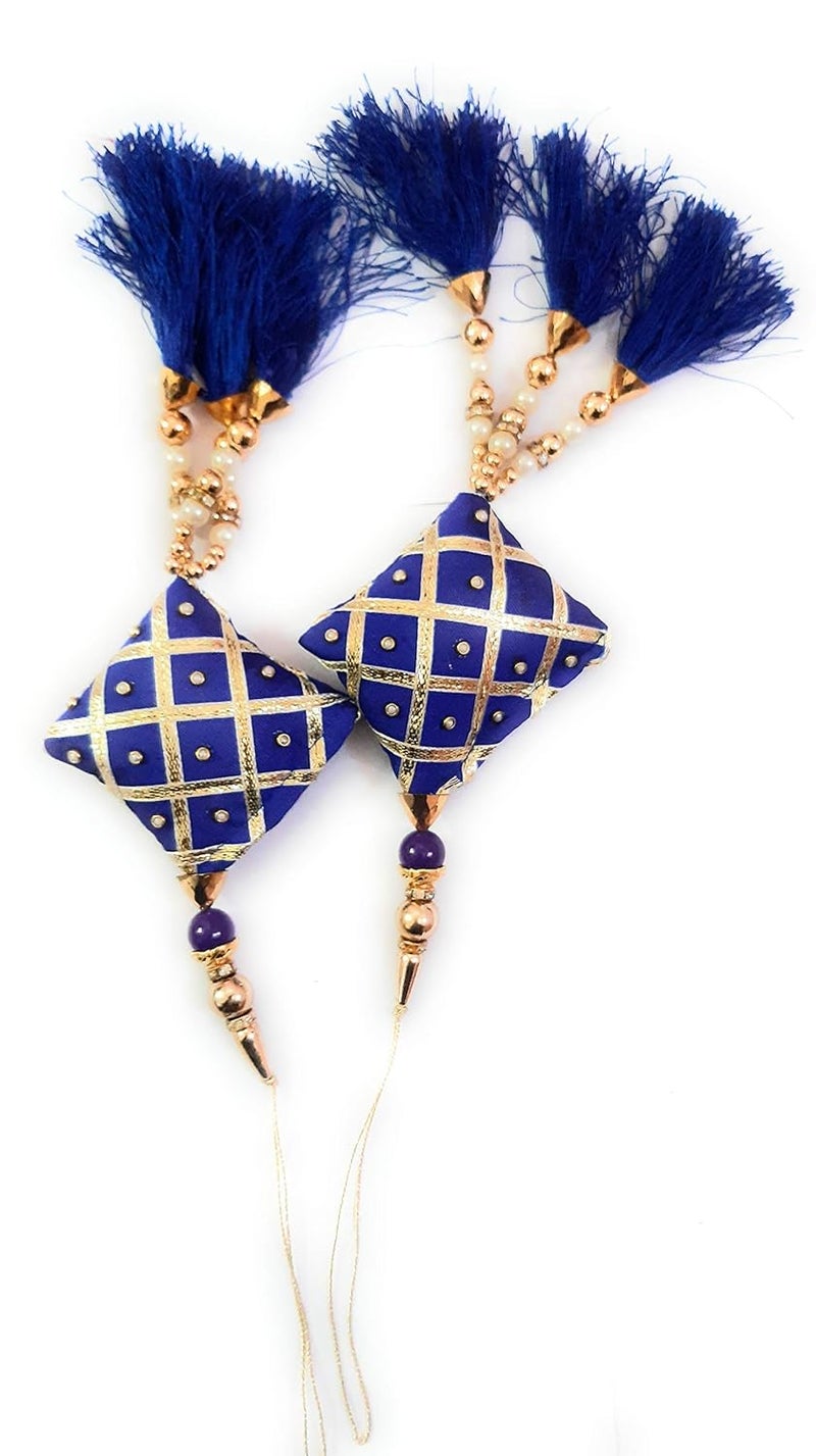 Libas Fashion Womens Ethnic Lehenga Golden and Fabric Pearl Latkan Hanging Tassel Blue Set of 2 - Image 3