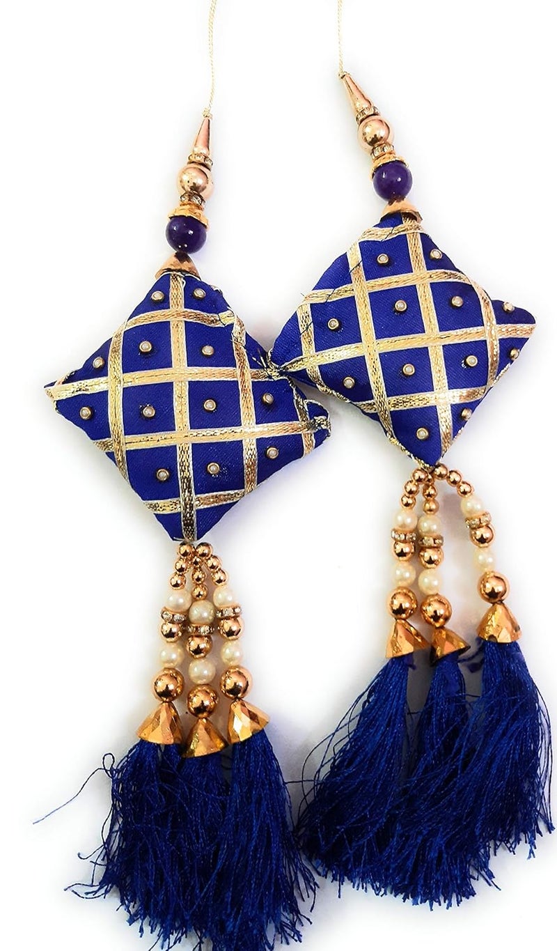 Libas Fashion Womens Ethnic Lehenga Golden and Fabric Pearl Latkan Hanging Tassel Blue Set of 2 - Image 4