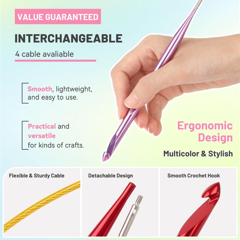 Aeelike Interchangeable Tunisian Crochet Hooks Set, 12 Sizes Colorful Tunisian Crochet Hooks Set with Cables 3.0mm - 10.0mm Smooth Ergonomic Hook for Making Blanket Scarves, Ideal Gift - Image 3