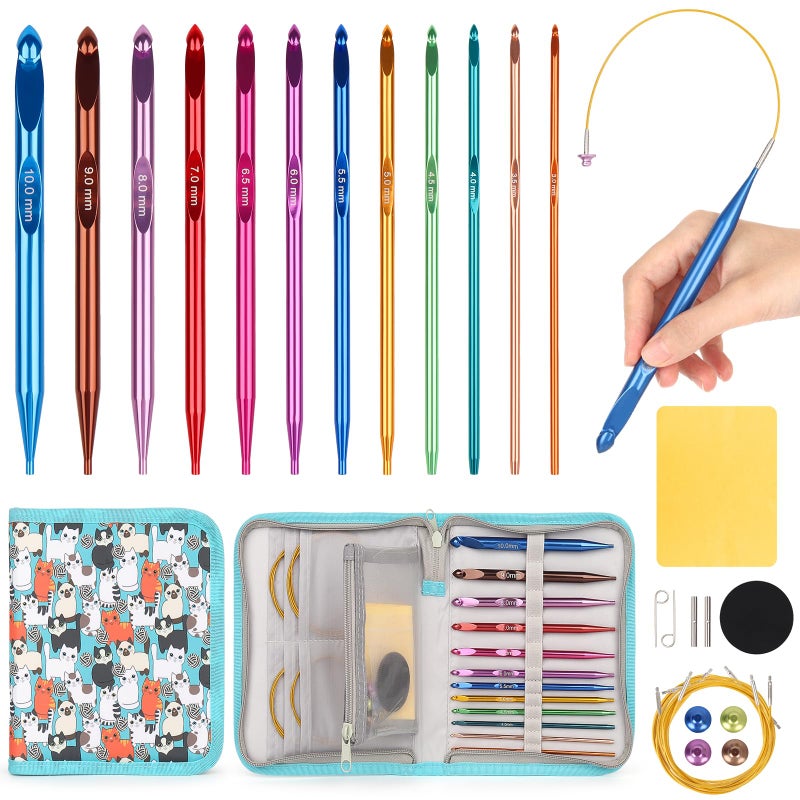 Aeelike Interchangeable Tunisian Crochet Hooks Set, 12 Sizes Colorful Tunisian Crochet Hooks Set with Cables 3.0mm - 10.0mm Smooth Ergonomic Hook for Making Blanket Scarves, Ideal Gift - Image 1