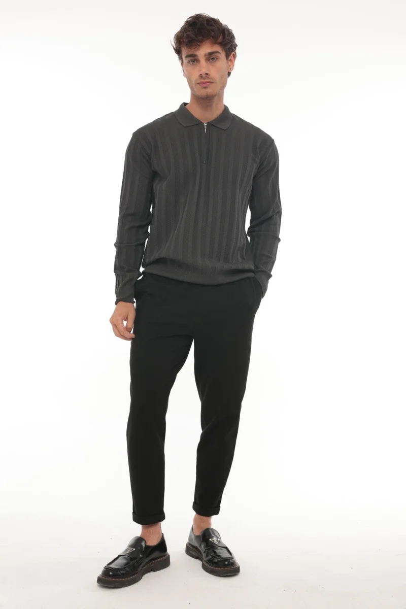 Miron Smoke Honeycomb Textured Ribbed Polo Neck Knitted Sweater - 2445