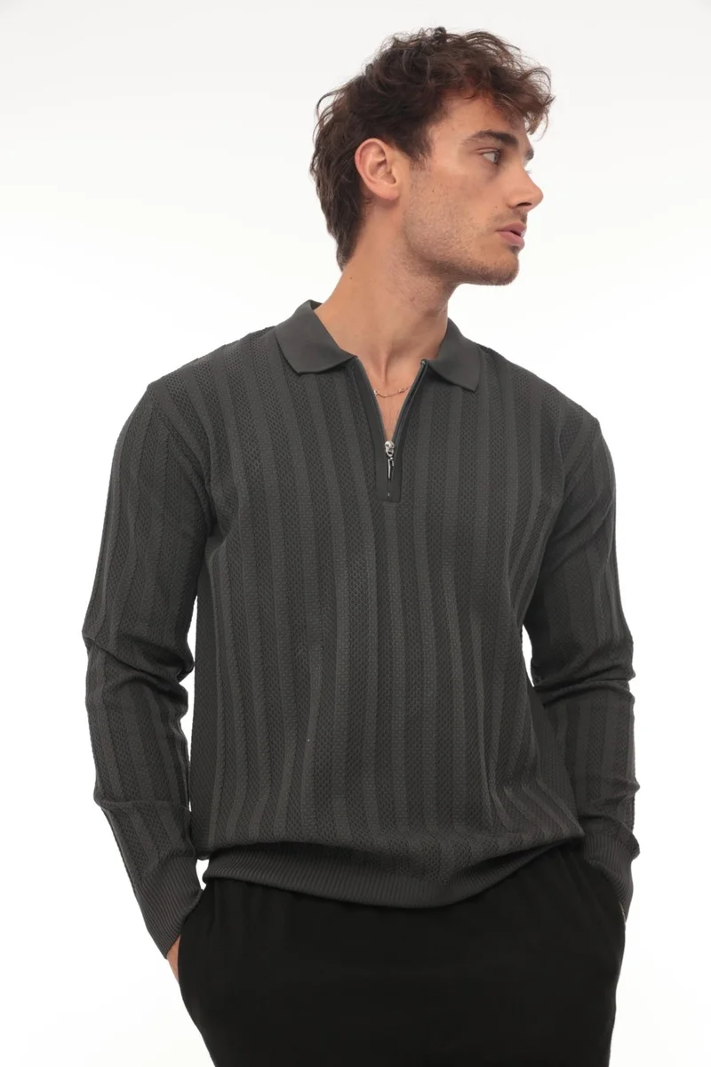 Miron Smoke Honeycomb Textured Ribbed Polo Neck Knitted Sweater - 2445