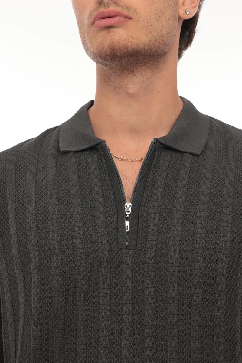 Miron Smoke Honeycomb Textured Ribbed Polo Neck Knitted Sweater - 2445