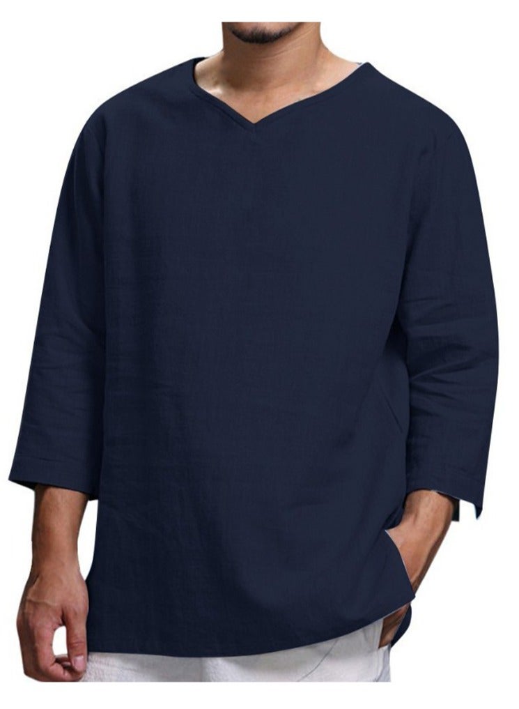 S SYMEFER Mens Linen Shirts V Neck Cotton Grandad Shirt Long Sleeve Tops Hippie T Shirts Tops Blouse Loose Fit Basic Tunic Tops Casual Office Work Shirt, Navy Blue, XL - Image 1