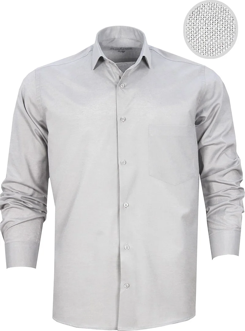فاريتا Men's Gray Cotton Satin Straight Long Sleeve Single Pocket Classic Cut Shirt