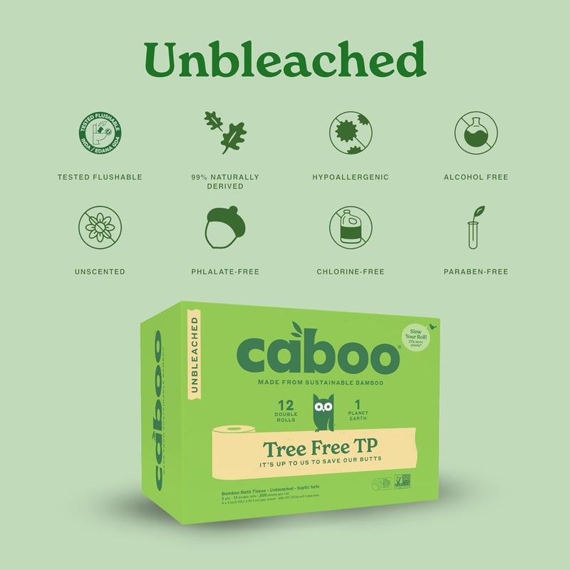 CABOO Tree Free Unbleached Toilet Paper | Plastic Free Packaging, Septic Safe, Eco Friendly, Chemical Free, Non Toxic | 2 Ply Toilet Tissue, Pack of 12 Double Rolls, 300 Sheets Per Roll - Image 2