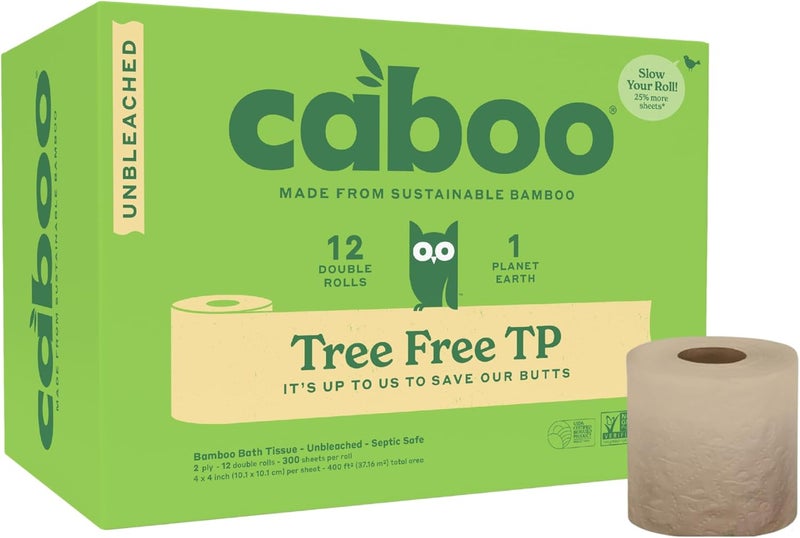 CABOO Tree Free Unbleached Toilet Paper | Plastic Free Packaging, Septic Safe, Eco Friendly, Chemical Free, Non Toxic | 2 Ply Toilet Tissue, Pack of 12 Double Rolls, 300 Sheets Per Roll - Image 1