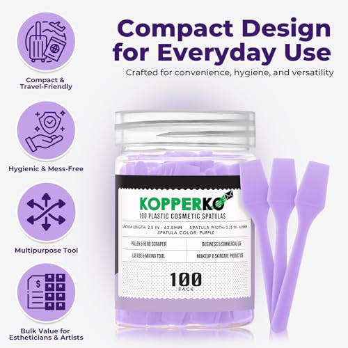 Kopperko Mini Face Spatula (2.5", 100 Pack) - Small Foundation Spatula for Skincare, Creams, & Crafts | Plastic Face Lotion Applicator Tool for Mixing, Cosmetic, Face Mask | Purple - Image 2