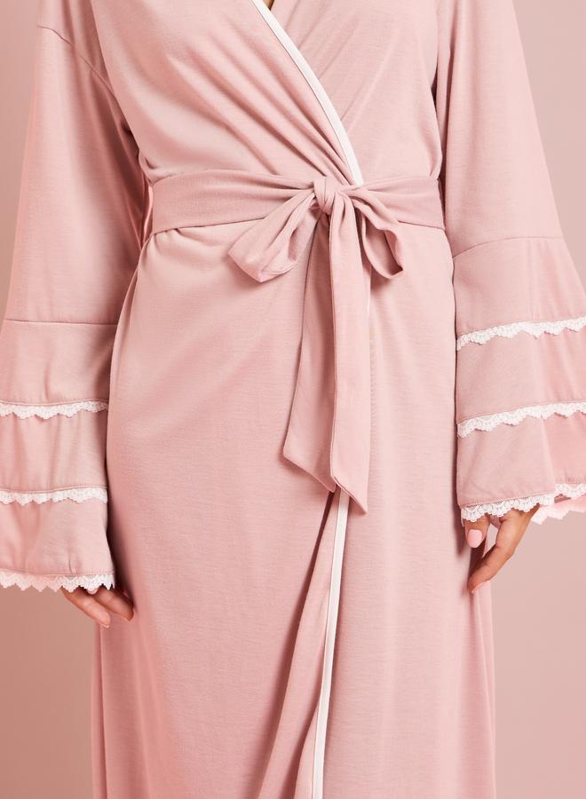 Styli Pink Contrast Lace Flare Sleeve Robe - Image 3
