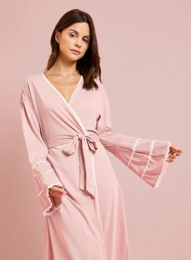 Styli Pink Contrast Lace Flare Sleeve Robe