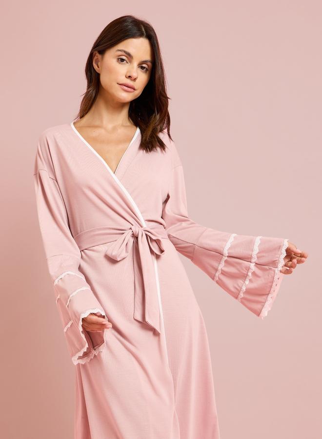 Styli Pink Contrast Lace Flare Sleeve Robe - Image 2