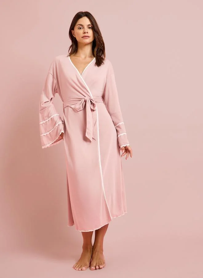 Styli Pink Contrast Lace Flare Sleeve Robe